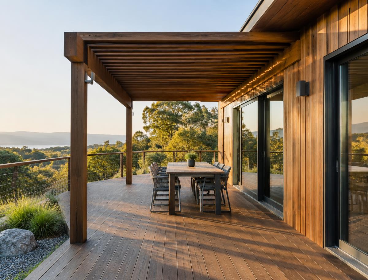 Deck y pérgola en madera en una vivienda contemporánea.
